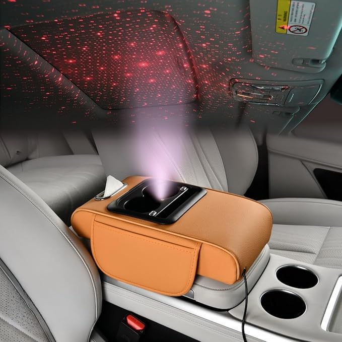 Car Armrest Pad Cover with Red Starry Sky LED Projection, Dual Type-C Charging Ports, Leather Car Center Console Cushion with Cup Holder, Tissue Holder (Red Starry Sky LED Projection, Orange)