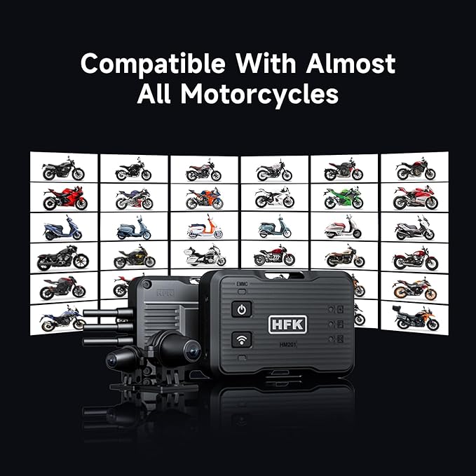HFK HM201 Motorcycle Dash Cam, 1080P +1080P Motorcycle Camera Front and Rear, Stealth Design, IP67 Waterproof, 5G WiFi, Loop Recording, G-Sensor, Built in eMMC 64GB Storage, Support 512GB Max