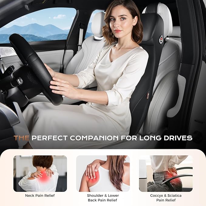 Coverado Car Seat Cushion and Lumbar Support Headrest Pillow One Piece, Ergonomic Memory Foam Car Neck Pillow & Back Support, Soft Leather Breathable Driving Seat Cushion Sciatica Pain Relief, Black