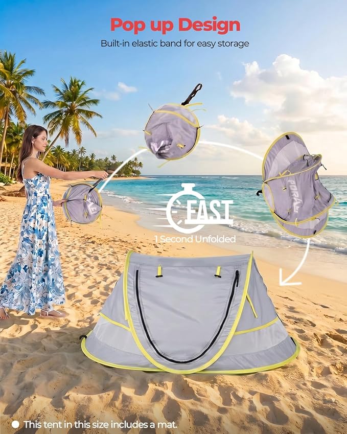 Poray Portable Baby Beach Tent with UPF 50+ Sun Shelter,Mosquito Net and Sunshade, Ideal Pop Up Kids Travel Tent with Carry Bag & 2 Stakes,Outdoor Indoor Play and Sun Protection