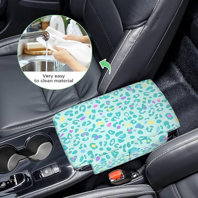 Dreaweet Teal Leopard Print Arm Rest Cover for Car Women Thick Center Console Cover Pad with Pockets Cheetah Print Car Accessories Anti-Scratch Armrest Cover for SUV Sedan