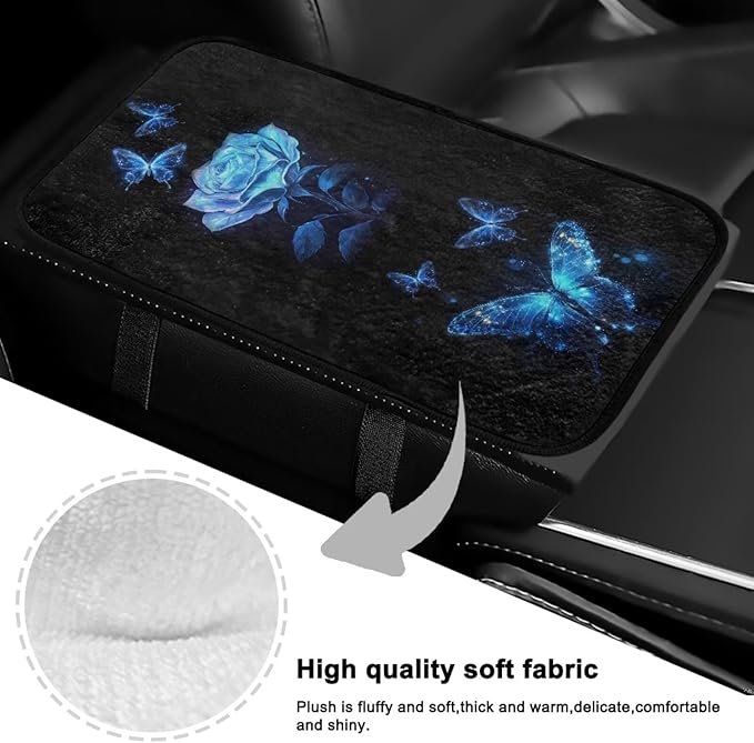 Butterfly Rose Armrest Cover Car Soft Comfortable Auto Center Console Pad Flannel Anti-Slip Armrest Cover Center Console Cushion for Most Vehicle, SUV,Truck,Car