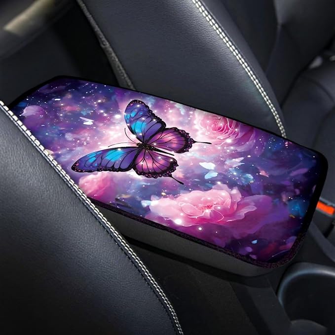 Suobstales Galaxy Butterfly Rose Flower Print Car Armrest Pad Soft Center Console Arm Rest Protector Cover Universal Car Interior Accessories Decoration