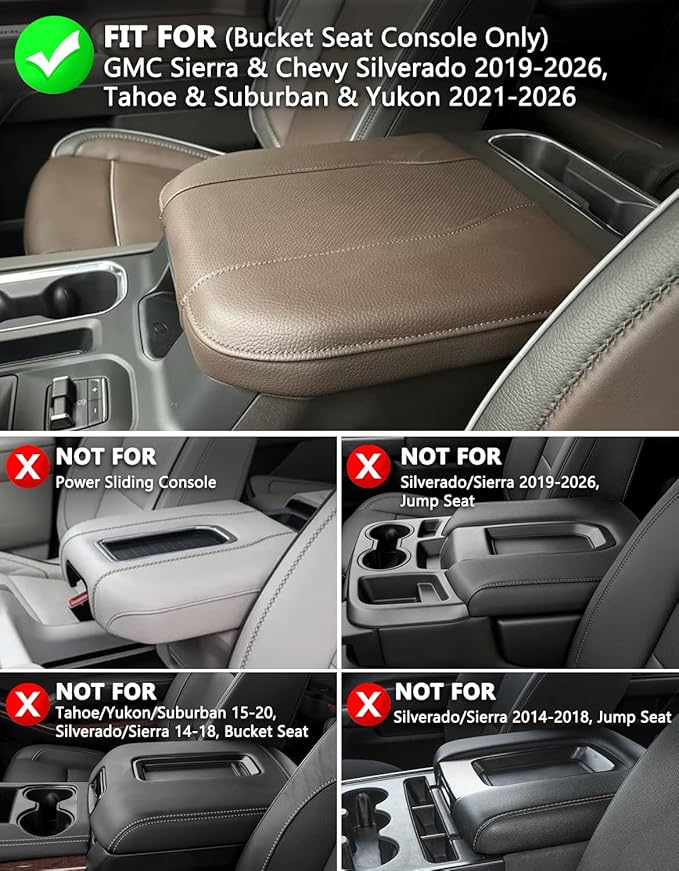 KBH Center Console Armrest Cover for Chevy Silverado & GMC Sierra 2019-2026, Tahoe & Suburban & Yukon 2021-2026, Bucket Seat, Vinyl Leather Trim, Anti-Scratch, Brownstone