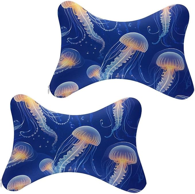 Car Seat Head & Neck Rest Pillow - Auto Headrest Bone Shape Pillow Cushion Soft and Comfortable for Travel, 2 Piece Compatible with Underwater Blue Jellyfish