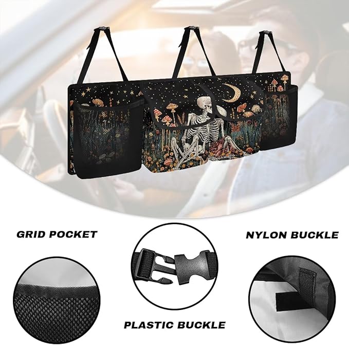 Skull Mushroom Car Trunk Organizer with 4 Pockets, Hanging Car Backseat Storage Bag with 3 Adjustable Straps, Car Interior Accessories for SUV, Truck, MPV, Van