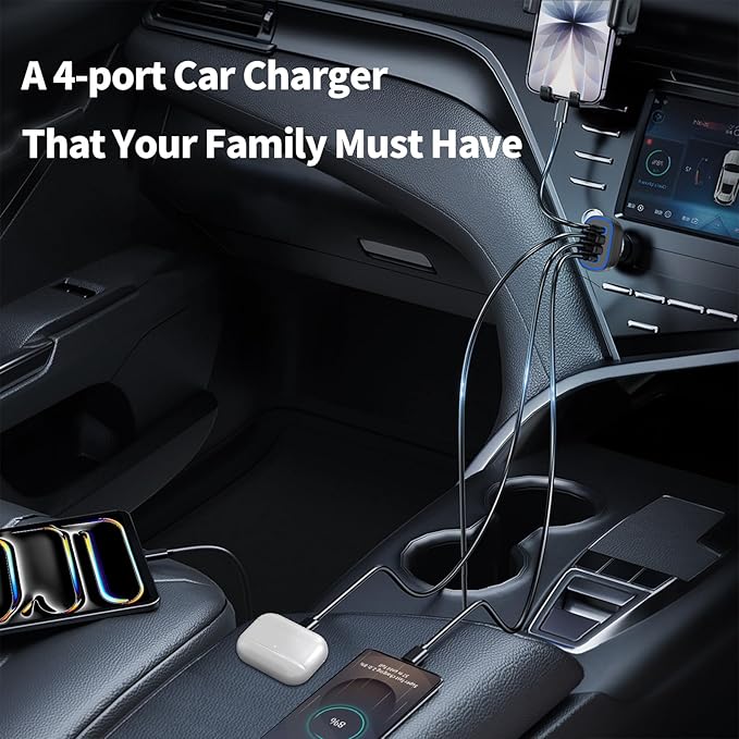 90W 4 in 1 USB C Super Fast Car Charger for iPhone 17 Pro Max/Air/16/15/iPad, Samsung S26, Pixel Android Phone, Dual 45W Type C & QC3.0, 12V Multi Port Cigarette Lighter Adapter + 2 USBC Cord 3.3ft