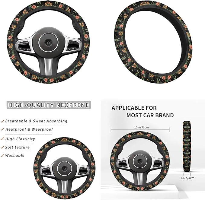 Dragonfly Print 6 Pcs car Steering Wheel Cover Handbrake Gear Cover Cup Coaster Armrest Cover Cars Interior Decor Protector Fit for SUV Truck Sedan