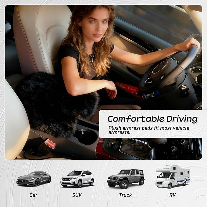 Fluffy Car Armrest Cover with Side Pockets – Plush Fuzzy Fur Center Console Armrest Cushion Pad, Universal Winter Car Interior Protector, Soft Arm Rest Cover with Storage for Women & Men (BLACK)