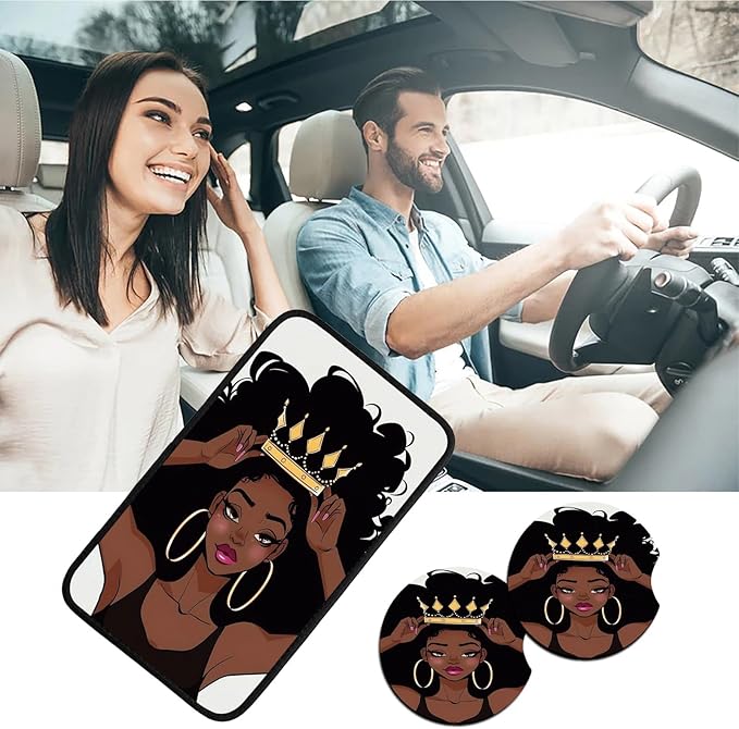 Car Armrest Cover Pads Universal Fashion Cute Auto Center Console Armrest Cover Pad with 2PCS Car Coasters Soft Waterproof Car Armrest Seat Protector for Women, African Black Girl