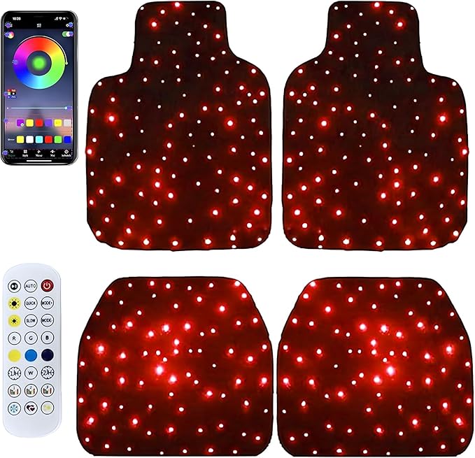 LED Illuminated Car Floor Mats with Remote Control, App Controlled RGB Color Changing Interior Lighting, Universal Fit 4-Piece Set