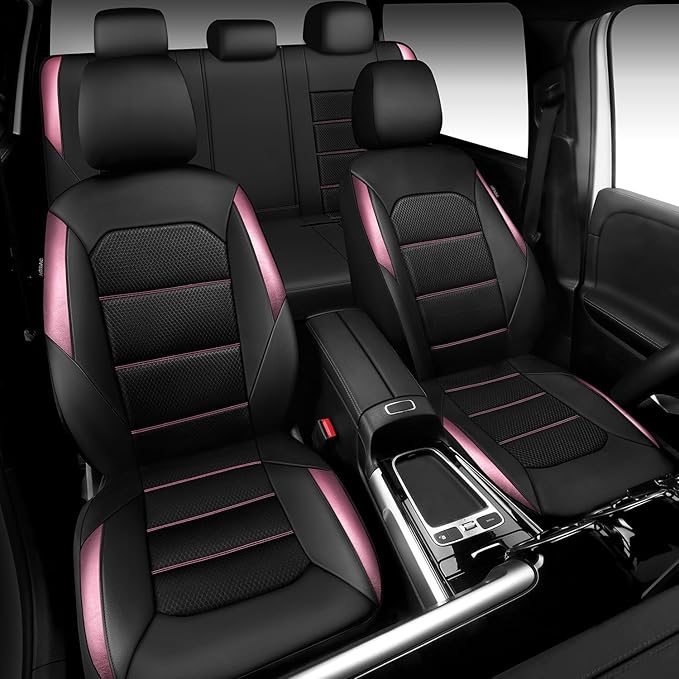 CAR PASS Memory 3D Foam Car Seat Covers Full Set, Breathable Mesh Thick Seat Covers for Car, Pink Metal Film Leather Seat Covers, Universal Automotive Comfort for SUVs Trucks, Black Pink