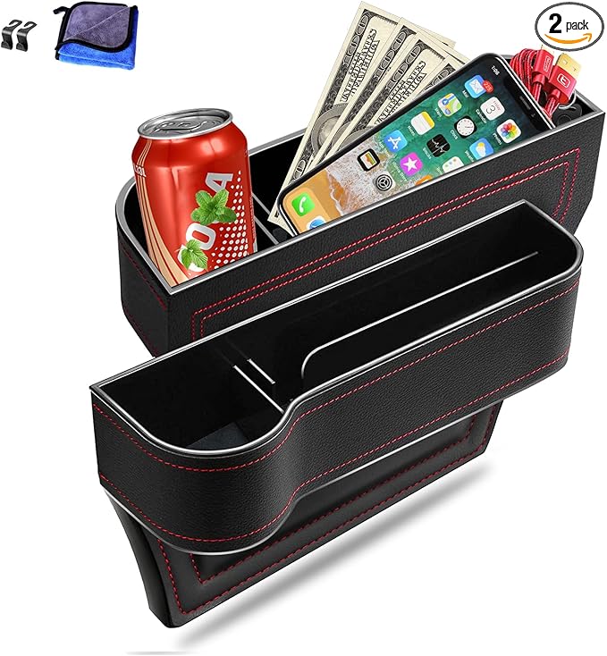 Car Seat Gap Filler Organizer, 2 Pack Multifunctional Car Seat Organizer, Auto Console Side Storage Box with Cup Holders 2 Seat Hooks for Drink, Car Organizer Front Seat for Holding Phone, Sunglasses