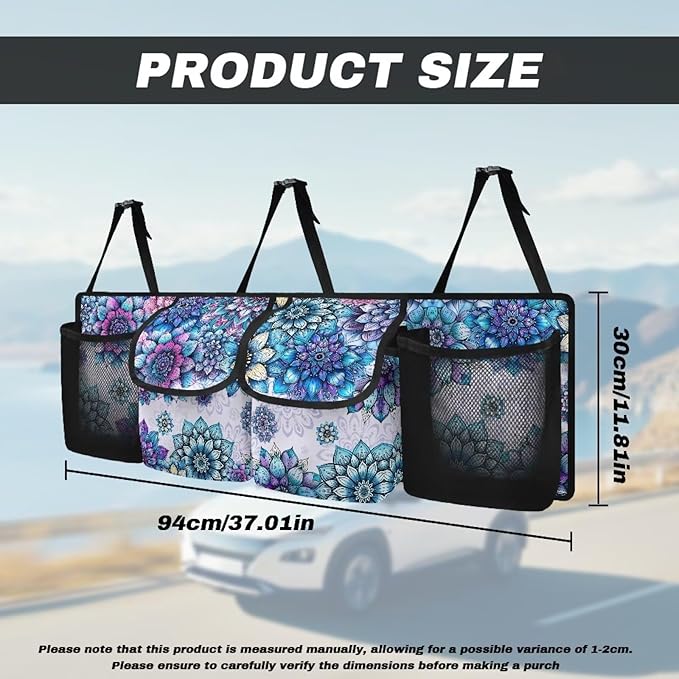 Boho Mandala Blossom Car Trunk Organizer with 4 Storage Bags Hanging Back Seat Car Organizer for Women Large Capacity Cargo Bag