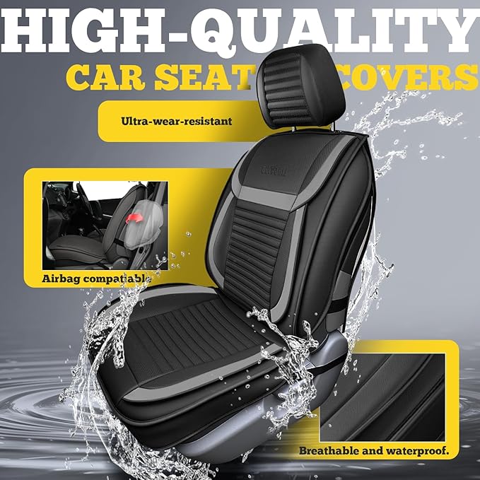 LINGVIDO Front Car Seat Covers, Faux Nappa Leather, Airbag Compatible and Waterproof Protectors for Sedans SUVs, Breathable Anti-Slip Interior for Commuters and Rideshare, Black/Gray