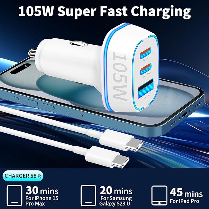 105W USB Car Charger 3-Port for Family Travel, PD 45W & QC3.0 30W Super Fast Charging for Multiple Devices, Cigarette Lighter with MFi Certified Carplay Cable Fast Charger for iPhone iPad