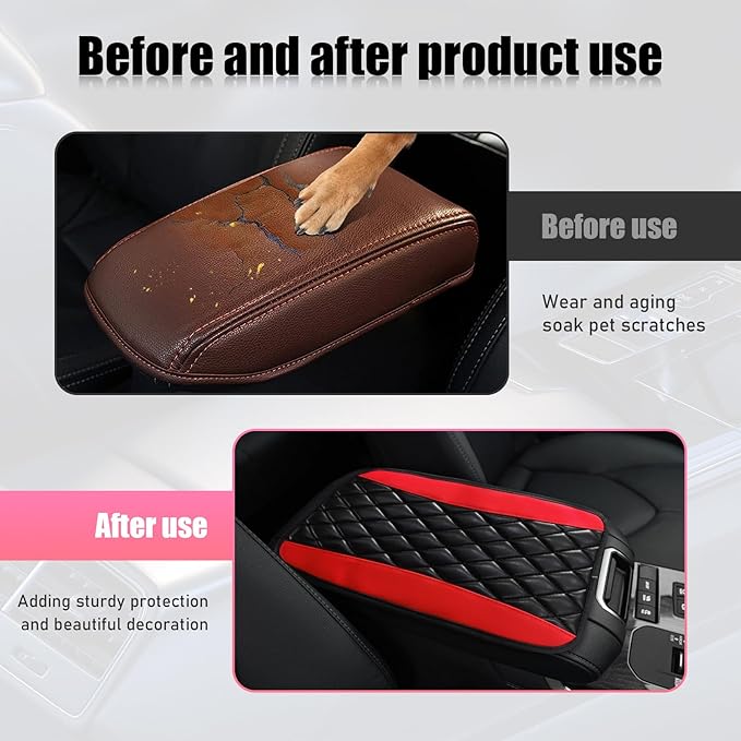 Car Center Console Cushion Pad, PU Leather Waterproof Auto Armrest Box Cover Protector, Comfortable Armrest Seat Box Cover Mat, Universal Car Accessories for SUV Truck (Red)