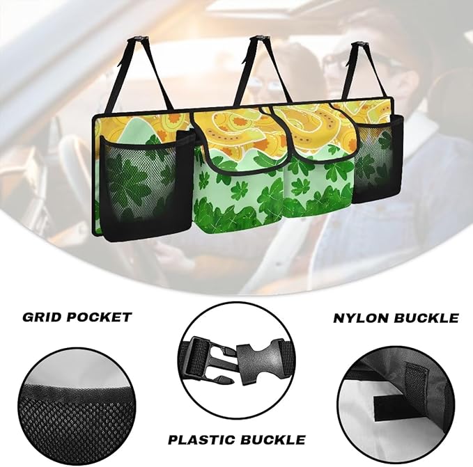 St. Patrick Day Car Trunk Organizer Green Leaves＆Horseshoes Hanging Cargo Storage Bag Cargo Bag,Easy to Install,Add to the Festive Atmosphere