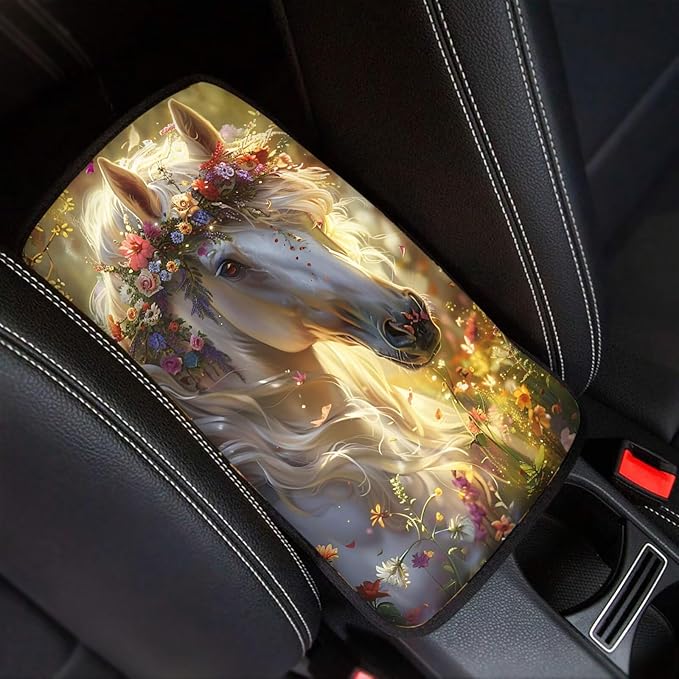 Floral Horse Armrest Pad Cover for Cars Arm Rest Cushion Pads Car Center Console Cushion Non Slip Car Accessories Car Xmas Decoration