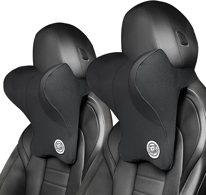 Car Neck Pillow for Driving Seat Car Headrest Pillow with Flexible Strap, 100% Memory Foam Neck Support Pillow for Car, Office Chair Black Pack of 2