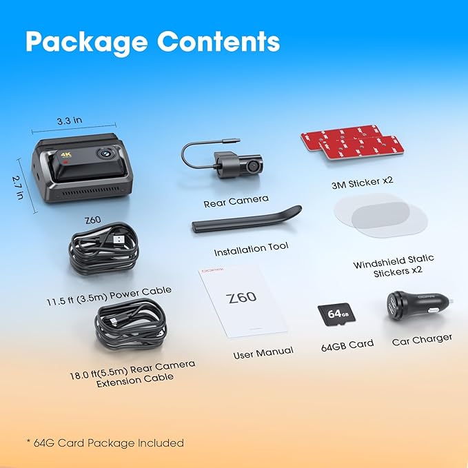 DDPAI 4K Dash Cam Front and Rear,Built-in 32G eMMC Dual Dash Car Camera,64GB Card Included Dashcam,Night Vision Dash Camera,5GHz WiFi,7 Days Parking Mode,GPS,3" IPS,ADAS,WDR,Support 512GB,Z60