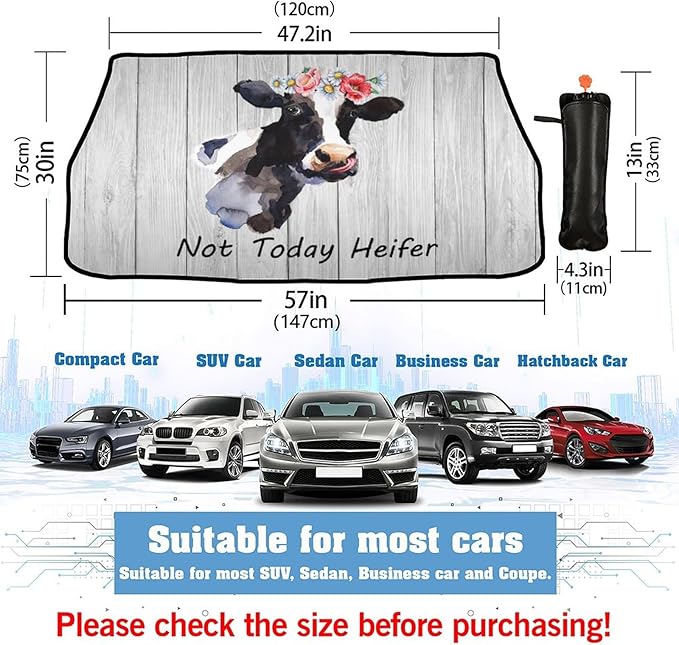 CHILL·TEK Funny Animals Car Windshield Sun Shade Umbrella, Heifer Cow Car Foldable Umbrella Sunshade for Front Window UV Reflector Umbrella Sun Protection Auto Windshield Umbrella Sun Shades Cover