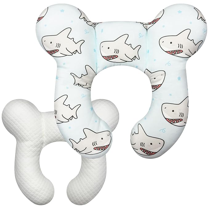 Baby Head Support Pillow for Newborn Toddler, Baby Neck Pillow Upgraded Comfortable Sleep Cushion for Car Plane Stroller Pushchair - Shark A
