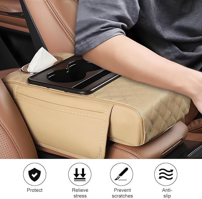 Car Armrest Cushion, 5-in-1 Nappa Leather Vehicle Centre Console Cover with 2 Storage Pockets, Cup Phone & Phone Holder, Multifunctional Auto Organiser Accessories, Universal Fit (Beige)