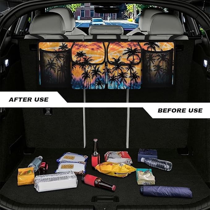 Palm Tree Trunk Hanging Organizer, Backseat Bag, Car Interior Accessories with 2 Pockets & 2 Mesh Pouches for Groceries Storage Space for SUV, Jeep, MPVs