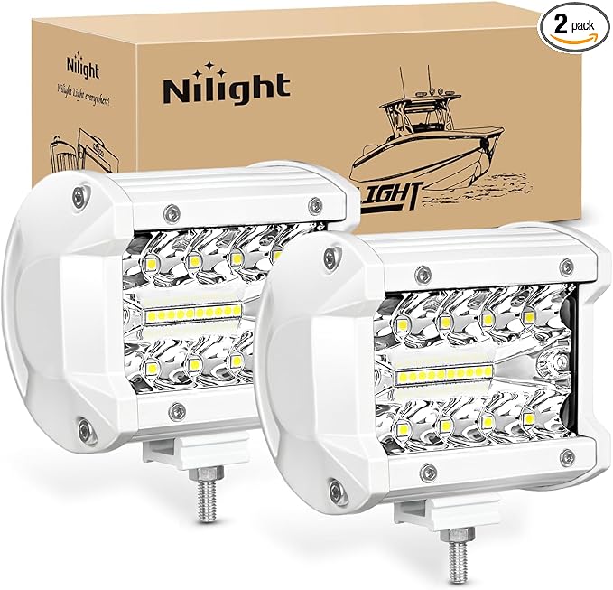 Nilight Marine LED Light Pods Navigation Lights 2PCS 4 Inch White Spot Flood Combo Ponton Boat Deck Dock Lighting for Night Fishing T-top Stern Yacht Port Sailboat Trucks Tractors