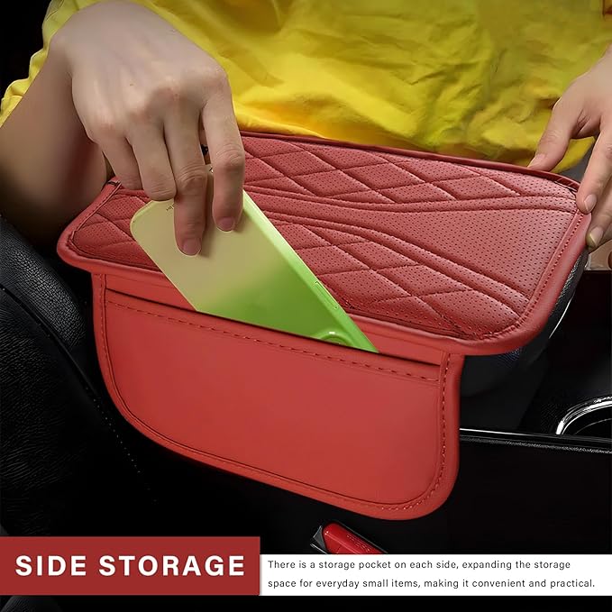 Car Center Console Cover, Leather Auto Armrest Cushion Pad with Two Storage Pockets, Waterproof Arm Rest Box Mat Protective Cover for Sedan SUV Truck, Car Accessories (Red)