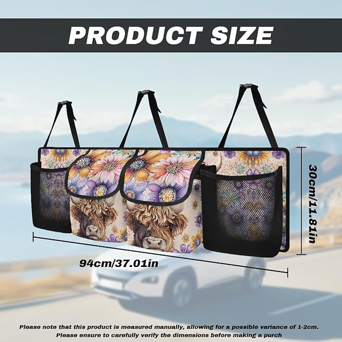 Floral Highland Cow Car Trunk Organizer Sturdy Trunk Hanging Storage Bag with 4 Compartments Backseat Car Organizer for SUV,Truck,Van