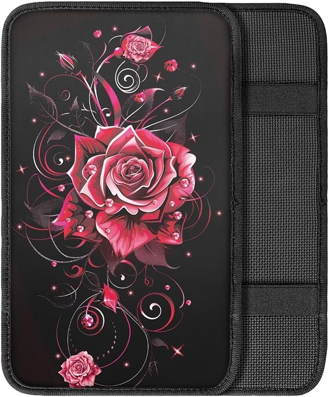 Dreaweet Red Rose Car Accessories Center Console Cover Arm Rest Cover for Car SUV Truck Center Console Cushion Pad Car Armrest Seat Box Cover Protector