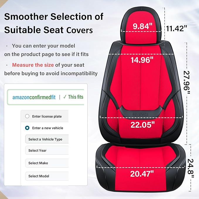 Coverado Front Seat Covers, Universal Seat Covers for Cars, Breathable Fabric&Leather Car Seat Protector, Front Car Seat Covers, Seat Covers Waterproof, Driver Seat Cover Fit for Most Cars, BlackRed