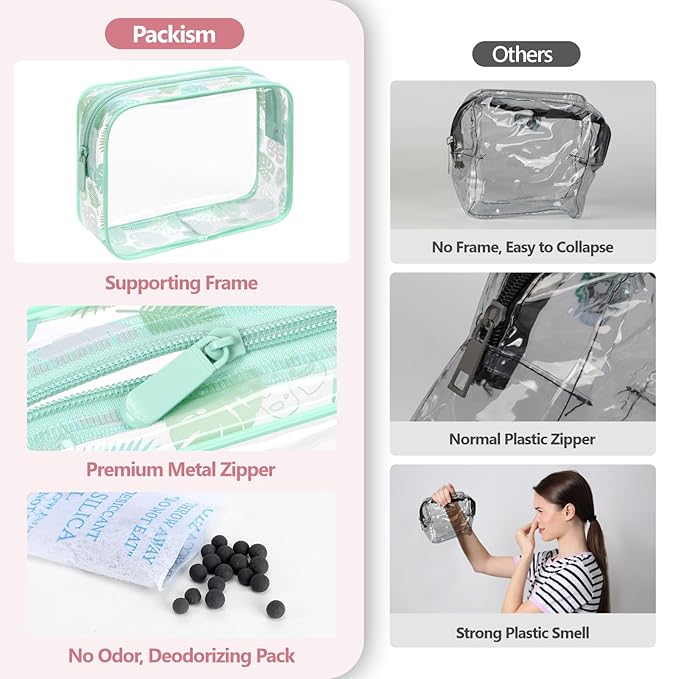 PACKISM TSA Approved Toiletry Bag - Light Green Turtle Leaves Print 3 Pack Medium, Quart Size Clear Toiletry Bag, Suitable for Gifts Perfect for Travel Essentials, Thick No Smell