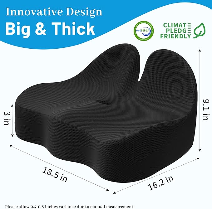Memory Foam Seat Cushion for Office Chair, Ergonomic Coccyx Cushion for Desk Chair, Tailbone Support Pillow for Long Sitting, Non-Slip Seat Pad for Home, Car, Gaming Chair (Black, X-Large)