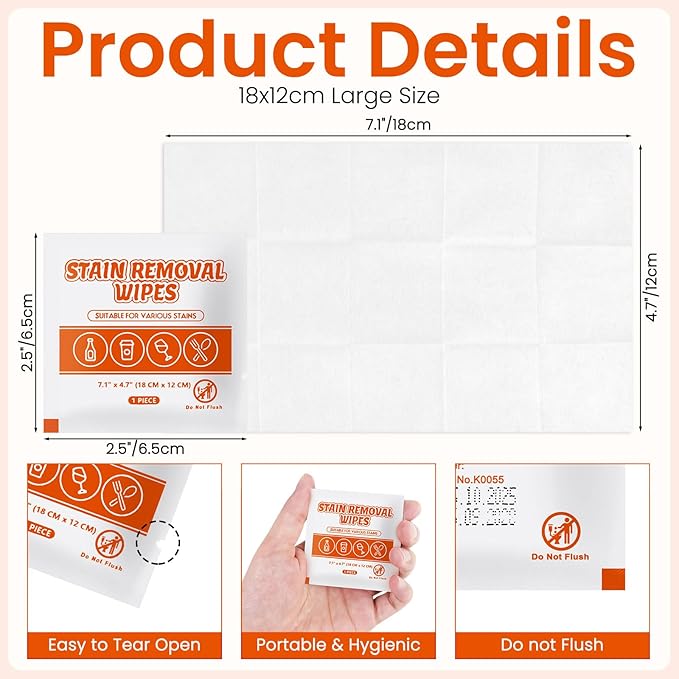 Stain Remover Wet Wipes Bulk, Individual Wrapped Clothes Portable Travel Messy Eater Cleaning Laundry Stain Removal Wipes Pocket Size for Clothing Fabric/Wine/Fast Food 7.1 x 4.7 Inch (White 200)