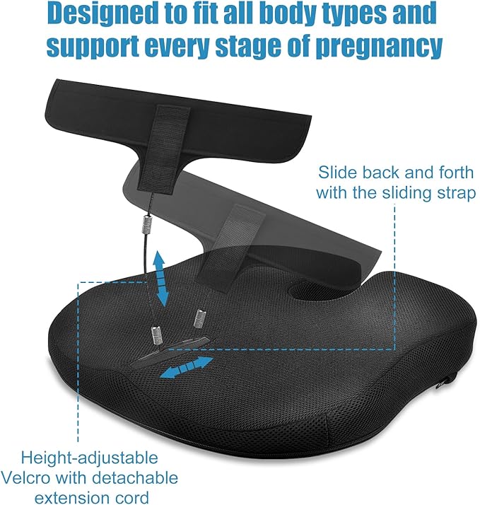 Car Seat Cushion for Pregnant Drivers and Passengers, NHTSA Recommended Prevent The Abdomen from Stress with Strap Adjuster, Memory Foam Seat Cushion for Tailbone Pain Relief, Sciatica & Back Support
