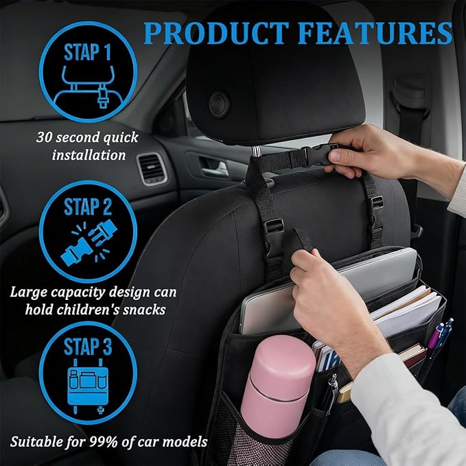 Car Front Seat Organizer, Multipurpose Hanging Passenger Seat & Backseat Storage Bag with Cup Holder, Multi-Layer Auto Interior Organizer with Laptop Tablet Storage, Universal Fit