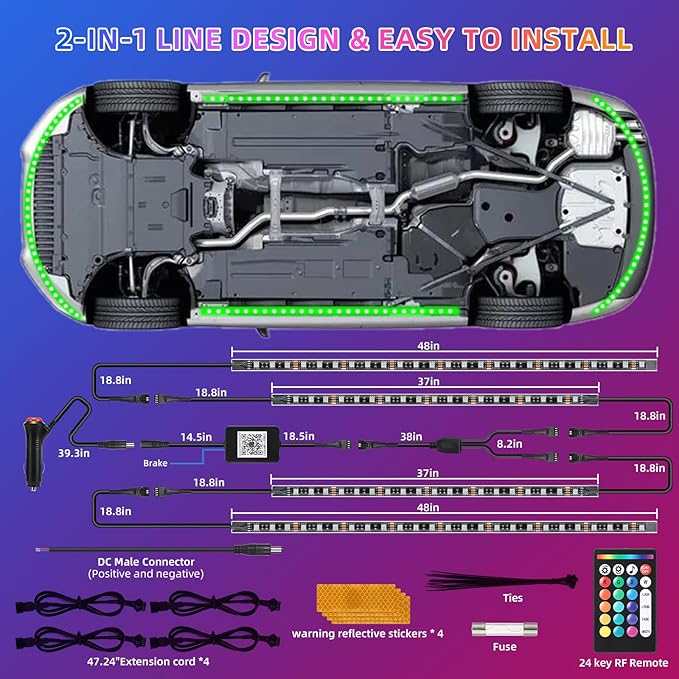 4 Pcs RGB Underglow LED Lights for Cars Truck SUV Golf Cart UTV ATV, 12V Waterproof Multicolor Underbody Neon Accent Strip Lights Kit with APP/RF Remote Control, Music Sync, Brake Lights