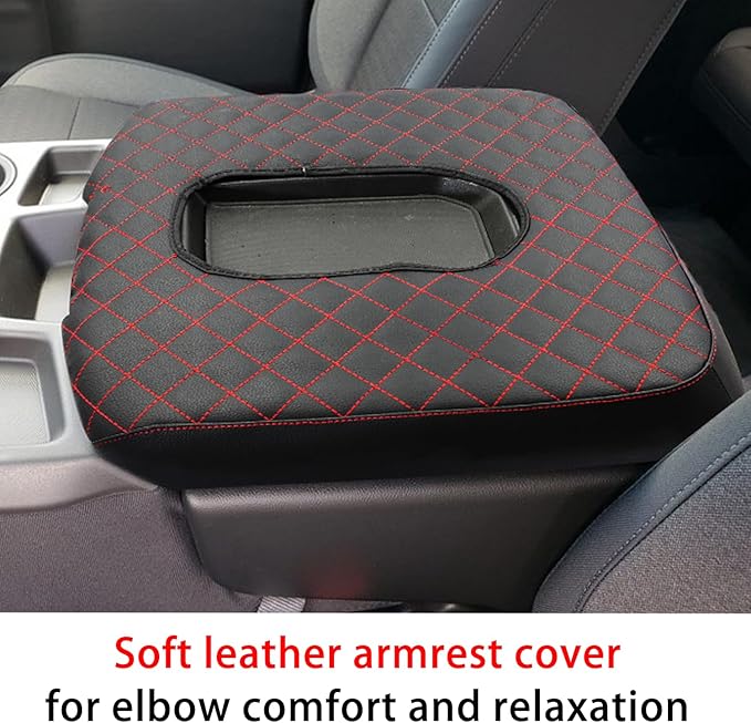 Center Console Armrest Cover for Chevy Silverado/GMC Sierra Accessories 2019-2024 2025 Arm Rest Box Leather Protective Case Middle Console Lid Cushion Pad Only for Jump Seat (Red Stitches)