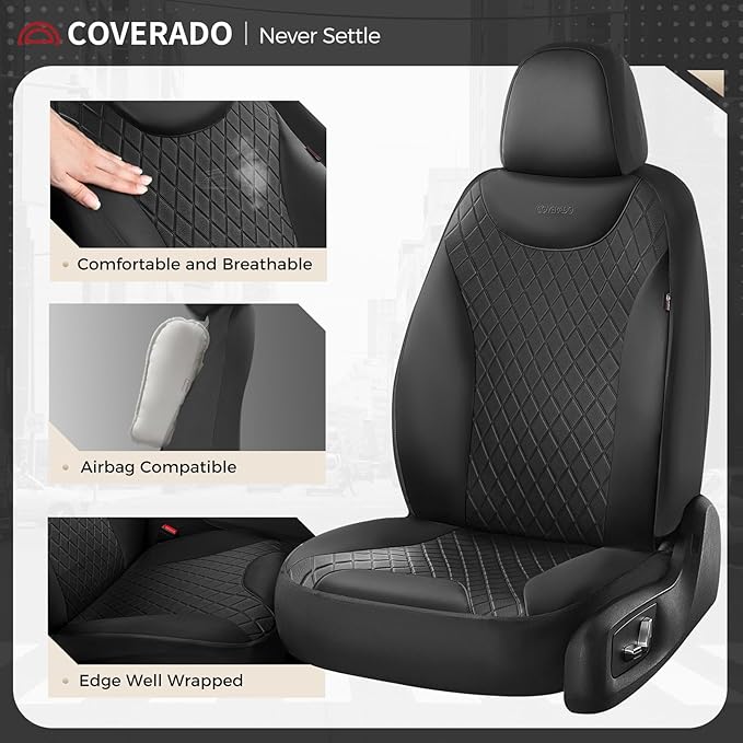 Coverado Front Seat Covers, Black Leather Car Seat Covers 2-Pack, Waterproof Car Seat Protectors, Automotive Seat Covers, Driver Seat Covers Universal Car Seat Cushions Fit for Most Sedan, SUV, Truck