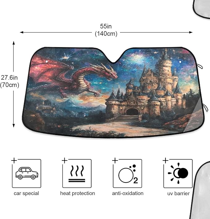 xigua Dream Castle Dragon Car Windshield Sunshade Foldable Front Window Sun Visor Protector for Car,SUV,Truck - Keep Vehicle Cool,55 x 27.6 Inch