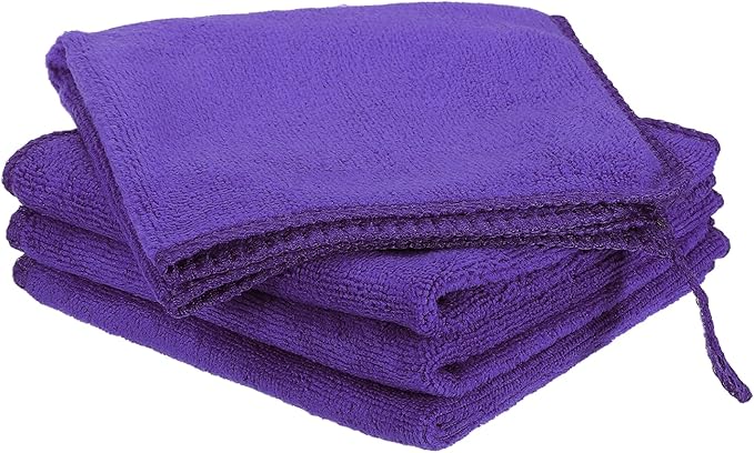HARFINGTON 4 Pack Microfiber Cleaning Cloth, 8" x 8" Multi-Functional Cleaning Towels Reusable Absorbent Rags with Hook for Car Wash Kitchen Household Window Clean, Purple