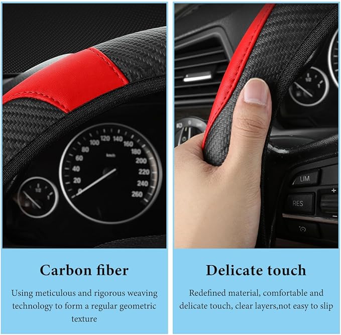 Car Steering Wheel Cover, 15 Inch Anti-Slip Stretch Leather Steering Wheel Protector, Comfortable Breathable Sporty Steering Wheel Cover for Women Men, Car Accessories (Black & Red)