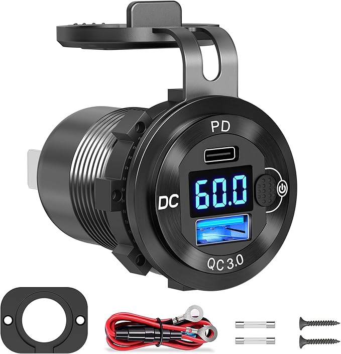 9V-60V USB Charger, 12V 24V 36V 48V 60V USB Outlet Aluminum Car Socket, PD 36W and QC 18W Car Port Outlet Waterproof Cigarette Lighter Replacement DIY Kit with Power Switch for Boat Golf Cart, etc.