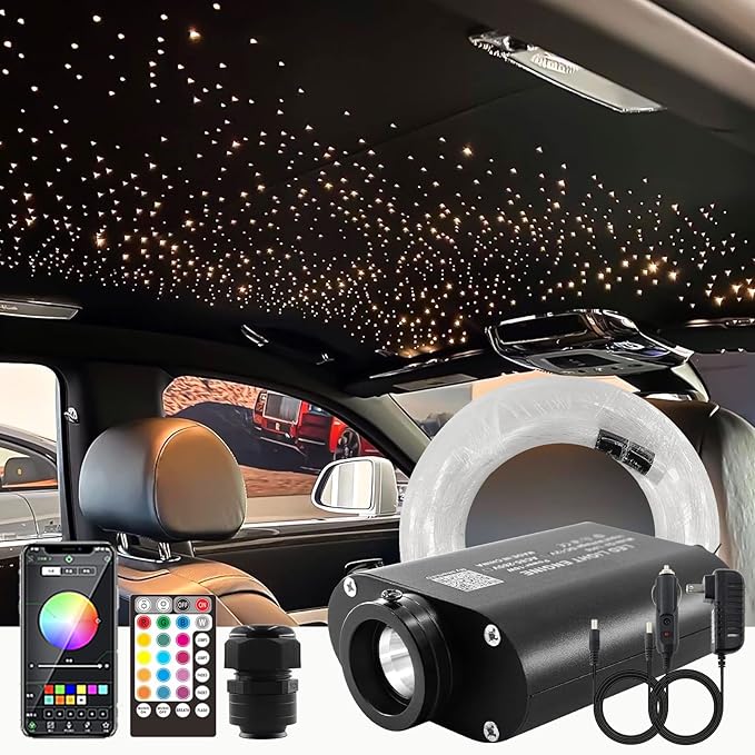 ATOKEE 16W Starlight Headliner Kit 400pcs 0.03in 6.5ft, 16W Sound Activated Fiber Optic Star Lights for Car Roof with Bluetooth App / 28-Key RF Remote