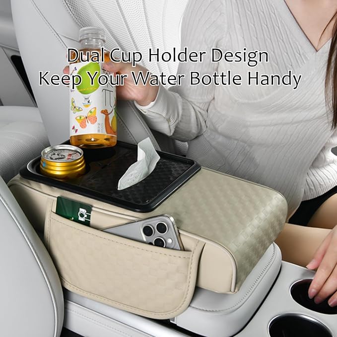 Car Center Console Armrest Pad, Arm Rest Box Cushion with Ergonomic Height Boost, Storage Pockets, Built-in Tissue Box, Cupholder, Fit for Most Sedan Vehicles (Embossing Checkerboard, Orange)