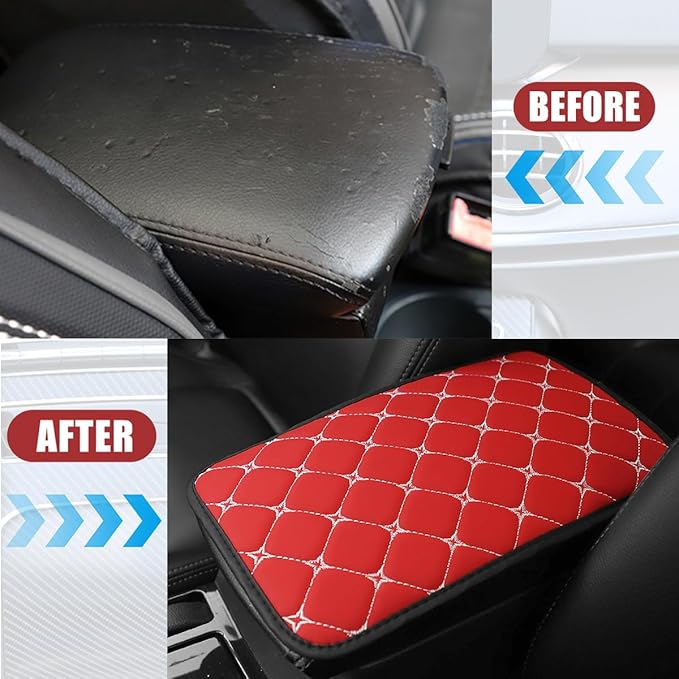 Car Center Console Cushion Pad, PU Leather Vehicle Armrest Cover Protector, Anti-Scratch Automotive Interior Arm Rest Seat Box Mat Accessories, Universal for SUV Sedan Truck (Red)
