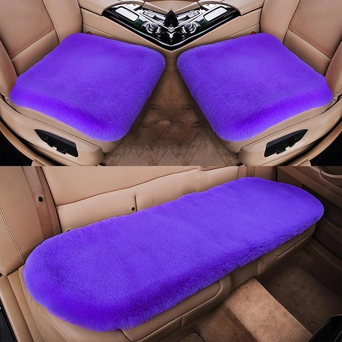 Plush Car Seat Cushion, Soft Warm Fuzzy Faux Rabbit Fur Fluffy Plush Auto Seat Cover Vehicle Car Front and Back Seat Protector Pad with Non-Slip Backing Cushion Interior Universal Fit (Purple2,3PCS)